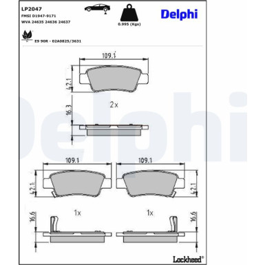 Delphi | Bremsbelagsatz, Scheibenbremse | LP2047