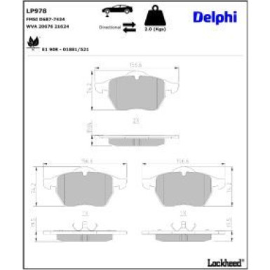 Delphi Bremsbelagsatz, Scheibenbremse LP978 Delphi Bremsbelagsatz, Scheibenbremse LP978