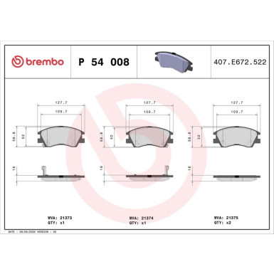 Brembo | Bremsbelagsatz, Scheibenbremse | P 54 008