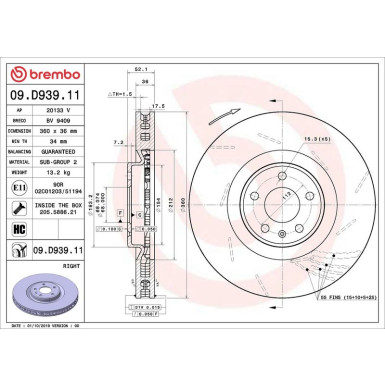 09.D939.11 Bremsscheibe PRIME LINE - UV Coated