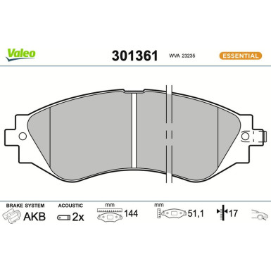 Valeo Bremsbelagsatz, Scheibenbremse ESSENTIAL 301361
