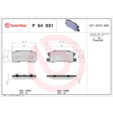 Brembo | Bremsbelagsatz, Scheibenbremse | P 54 031