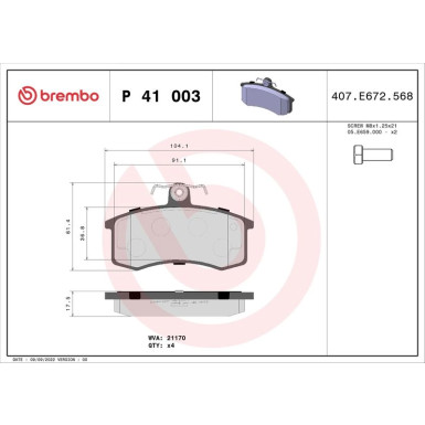 Brembo | Bremsbelagsatz, Scheibenbremse | P 41 003