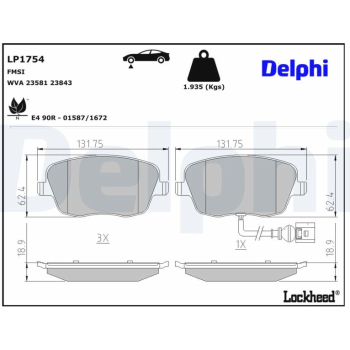Delphi LP1754 Bremsbelagsatz, Scheibenbremse Delphi LP1754 Bremsbelagsatz, Scheibenbremse