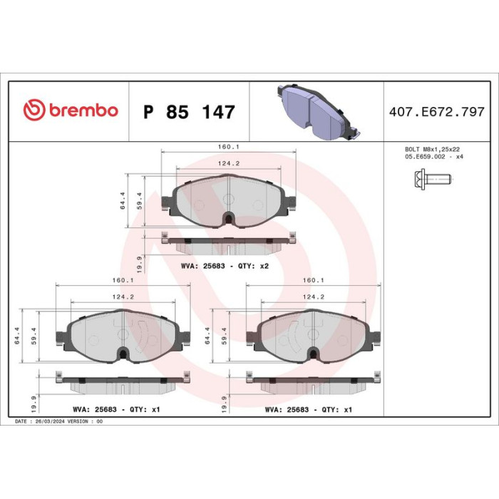 Brembo P 85 147 Bremsbelagsatz, Scheibenbremse PRIME LINE Brembo P 85 147 Bremsbelagsatz, Scheibenbremse PRIME LINE