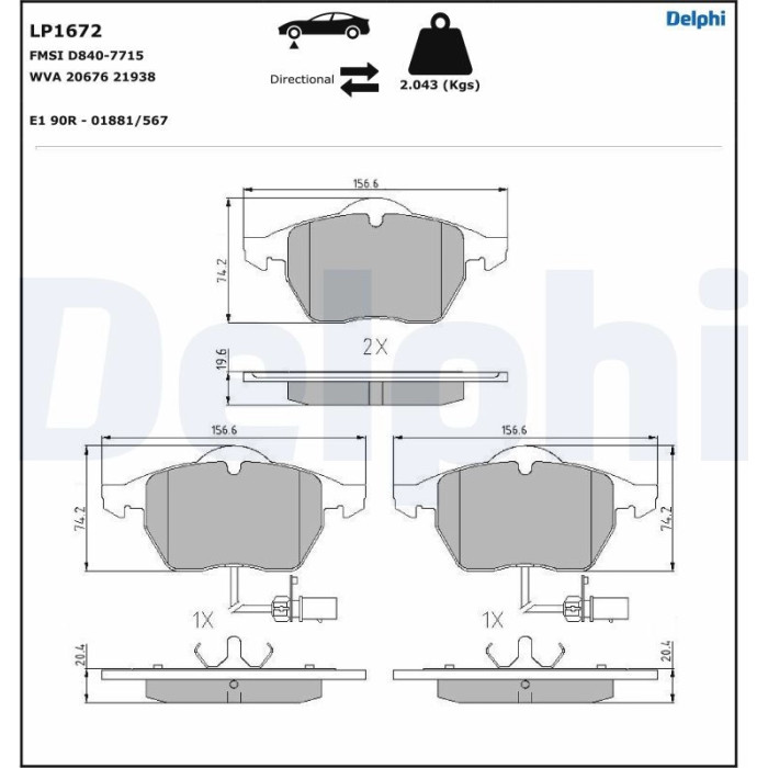Delphi LP1672 Bremsbelagsatz, Scheibenbremse Delphi LP1672 Bremsbelagsatz, Scheibenbremse