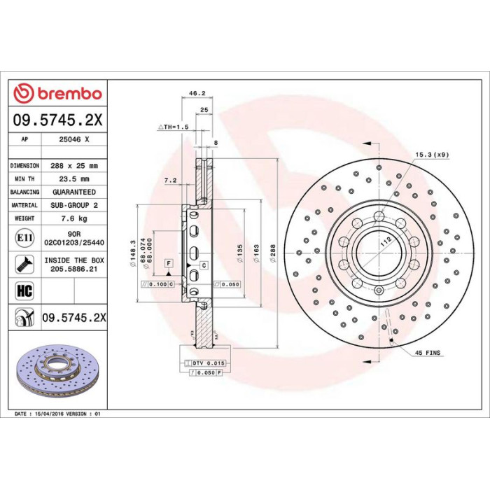 Brembo 09.5745.2X Bremsscheibe XTRA LINE Brembo 09.5745.2X Bremsscheibe XTRA LINE