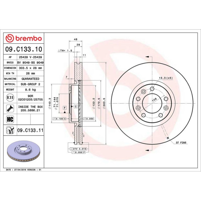 Brembo 09.C133.11 Bremsscheibe PRIME LINE - UV Coated Brembo 09.C133.11 Bremsscheibe PRIME LINE - UV Coated