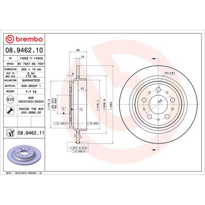 Brembo 08.9462.11 Bremsscheibe PRIME LINE - UV Coated