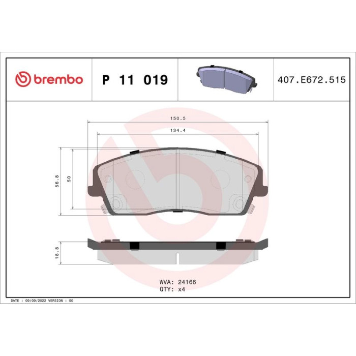 Brembo P 11 019 Bremsbelagsatz, Scheibenbremse PRIME LINE Brembo P 11 019 Bremsbelagsatz, Scheibenbremse PRIME LINE