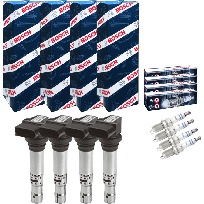 BOSCH Zündspule-Set 4 x Zündspule + 4 x Zündkerze