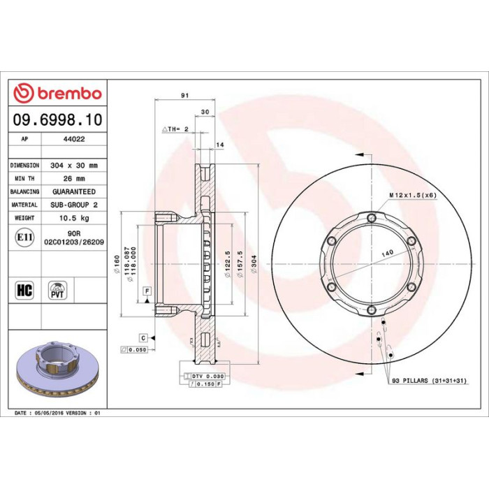 Brembo 09.6998.10 Bremsscheibe PRIME LINE Brembo 09.6998.10 Bremsscheibe PRIME LINE
