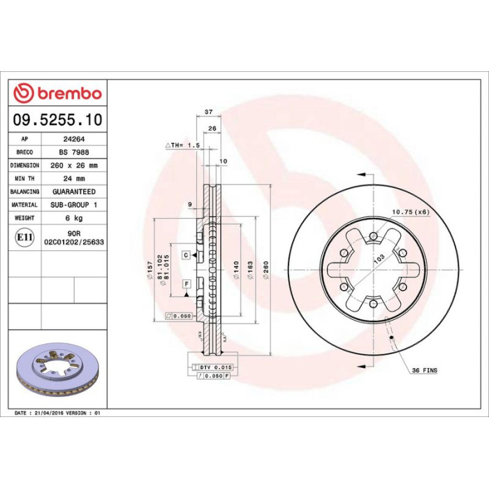 Brembo 09.5255.10 Bremsscheibe PRIME LINE Brembo 09.5255.10 Bremsscheibe PRIME LINE