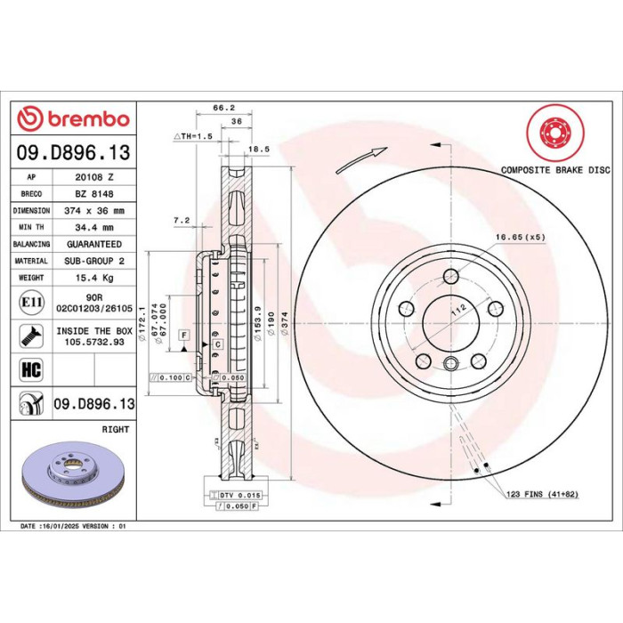 Brembo 09.D896.13 Bremsscheibe PRIME LINE - Composite