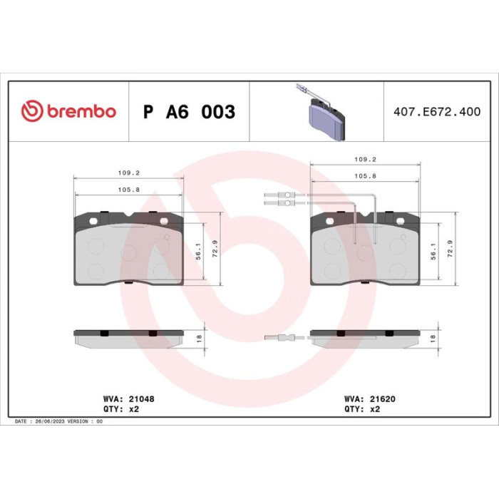 Brembo P A6 003 Bremsbelagsatz, Scheibenbremse PRIME LINE Brembo P A6 003 Bremsbelagsatz, Scheibenbremse PRIME LINE