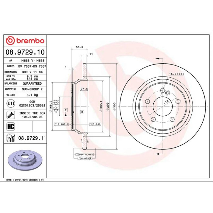 Brembo 08.9729.11 Bremsscheibe PRIME LINE - UV Coated