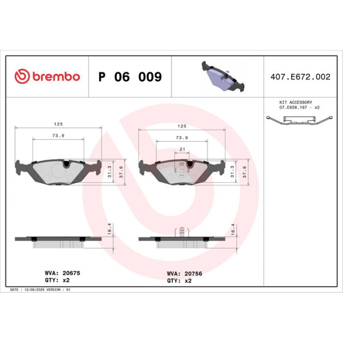 Brembo P 06 009 Bremsbelagsatz, Scheibenbremse PRIME LINE