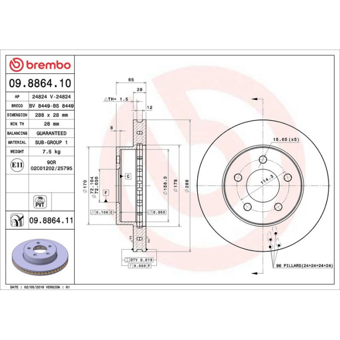 Brembo 09.8864.11 Bremsscheibe PRIME LINE - UV Coated