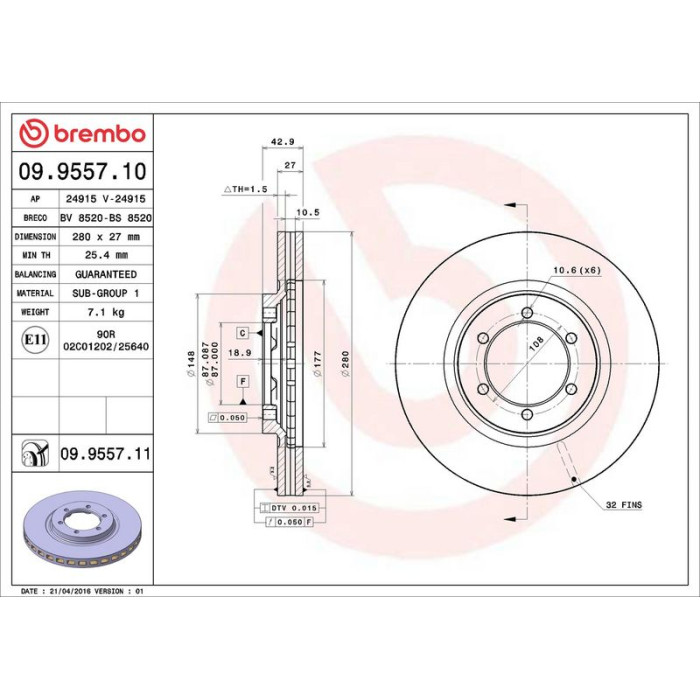 Brembo 09.9557.10 Bremsscheibe PRIME LINE Brembo 09.9557.10 Bremsscheibe PRIME LINE