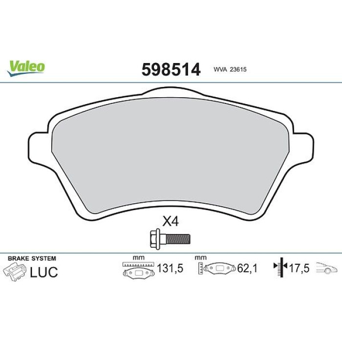 Valeo 598514 Bremsbelagsatz, Scheibenbremse Valeo 598514 Bremsbelagsatz, Scheibenbremse