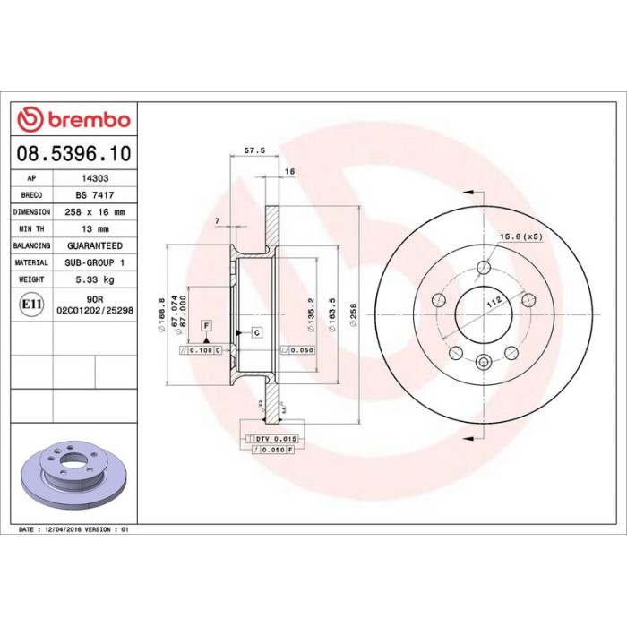 Brembo 08.5396.10 Bremsscheibe PRIME LINE Brembo 08.5396.10 Bremsscheibe PRIME LINE