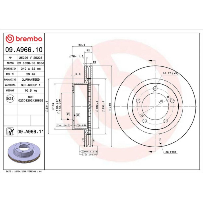 Brembo 09.A966.11 Bremsscheibe PRIME LINE - UV Coated Brembo 09.A966.11 Bremsscheibe PRIME LINE - UV Coated