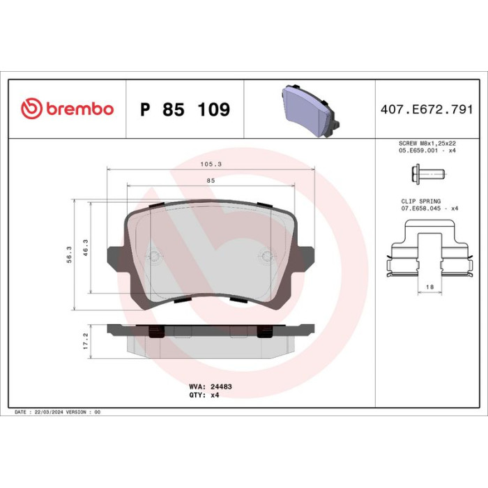 Brembo P 85 109 Bremsbelagsatz, Scheibenbremse PRIME LINE Brembo P 85 109 Bremsbelagsatz, Scheibenbremse PRIME LINE