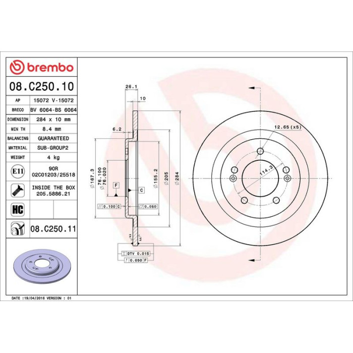 Brembo 08.C250.11 Bremsscheibe PRIME LINE - UV Coated Brembo 08.C250.11 Bremsscheibe PRIME LINE - UV Coated