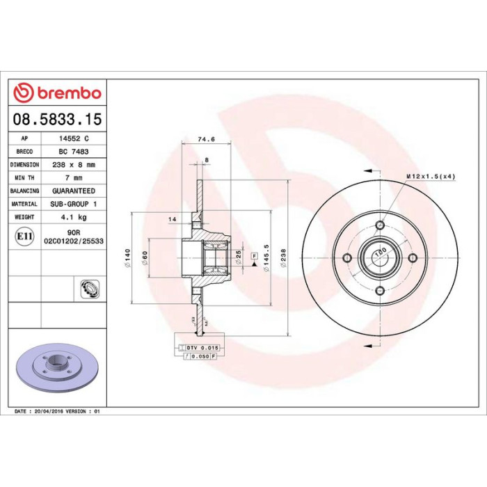 Brembo 08.5833.15 Bremsscheibe PRIME LINE - With Bearing Kit Brembo 08.5833.15 Bremsscheibe PRIME LINE - With Bearing Kit