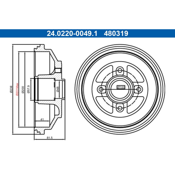 ATE 24.0220-0049.1 Bremstrommel