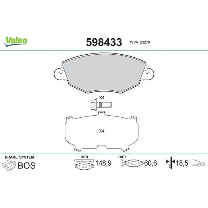 Valeo 598433 Bremsbelagsatz, Scheibenbremse Valeo 598433 Bremsbelagsatz, Scheibenbremse