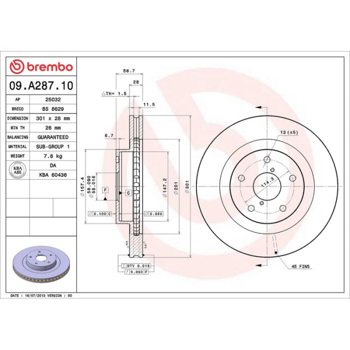 Brembo 09.A287.10 Bremsscheibe PRIME LINE Brembo 09.A287.10 Bremsscheibe PRIME LINE