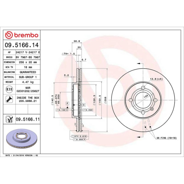 Brembo 09.5166.11 Bremsscheibe PRIME LINE - UV Coated Brembo 09.5166.11 Bremsscheibe PRIME LINE - UV Coated