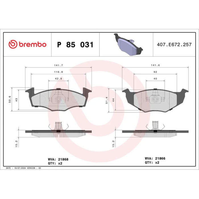 Brembo P 85 031 Bremsbelagsatz, Scheibenbremse PRIME LINE