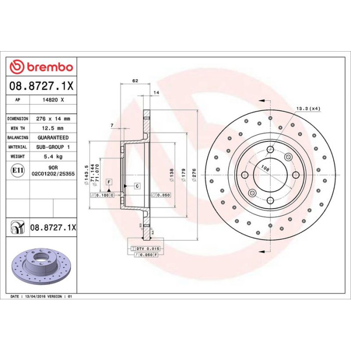 Brembo 08.8727.1X Bremsscheibe XTRA LINE Brembo 08.8727.1X Bremsscheibe XTRA LINE