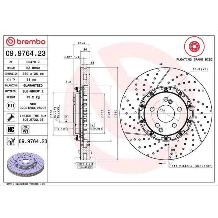 Brembo 09.9764.23 Bremsscheibe ceramic brake disc PRIME LINE - Floating