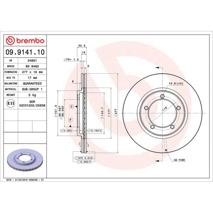 Brembo 09.9141.10 Bremsscheibe PRIME LINE Brembo 09.9141.10 Bremsscheibe PRIME LINE