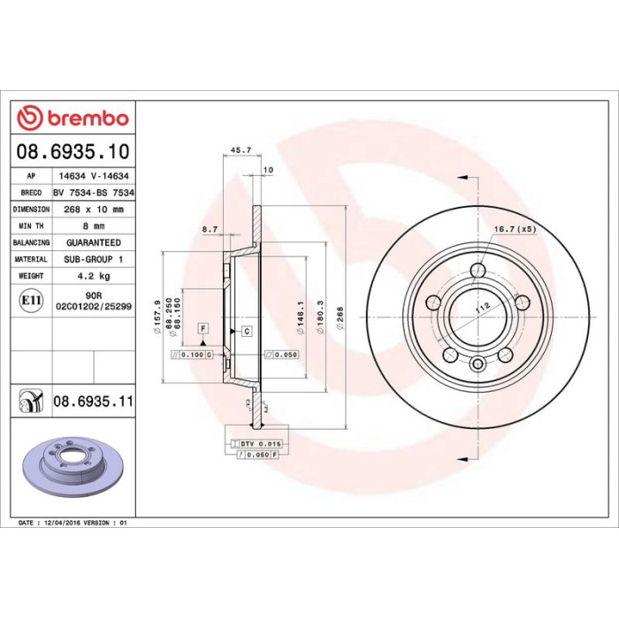 Brembo 08.6935.11 Bremsscheibe PRIME LINE - UV Coated Brembo 08.6935.11 Bremsscheibe PRIME LINE - UV Coated