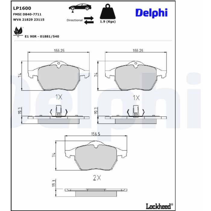 Delphi LP1600 Bremsbelagsatz, Scheibenbremse Delphi LP1600 Bremsbelagsatz, Scheibenbremse