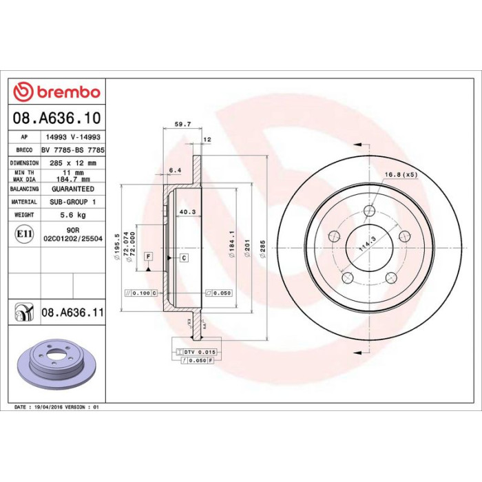 Brembo 08.A636.11 Bremsscheibe PRIME LINE - UV Coated