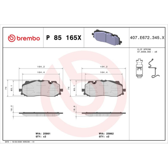 Brembo P 85 165X Bremsbelagsatz, Scheibenbremse XTRA LINE Brembo P 85 165X Bremsbelagsatz, Scheibenbremse XTRA LINE