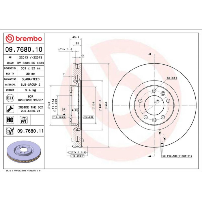 Brembo 09.7680.11 Bremsscheibe PRIME LINE - UV Coated