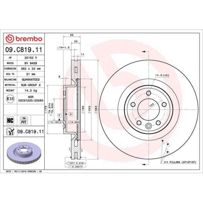 Brembo 09.C819.11 Bremsscheibe PRIME LINE - UV Coated