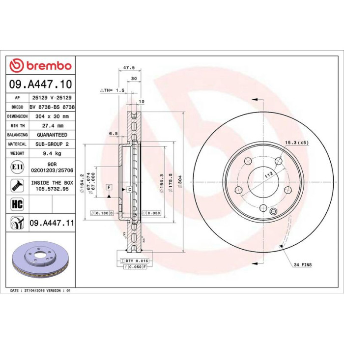 Brembo 09.A447.11 Bremsscheibe PRIME LINE - UV Coated
