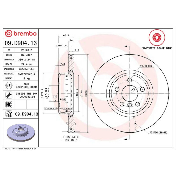Brembo 09.D904.13 Bremsscheibe PRIME LINE - Composite Brembo 09.D904.13 Bremsscheibe PRIME LINE - Composite