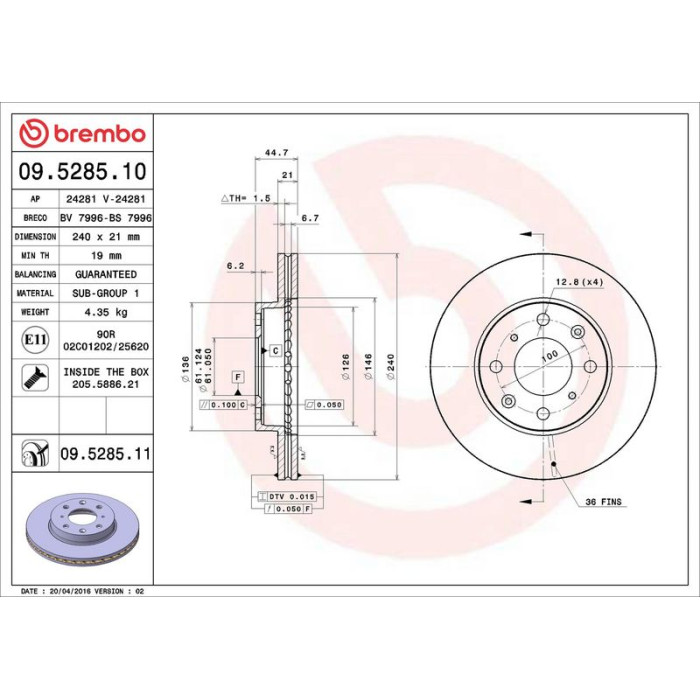 Brembo 09.5285.11 Bremsscheibe PRIME LINE - UV Coated Brembo 09.5285.11 Bremsscheibe PRIME LINE - UV Coated