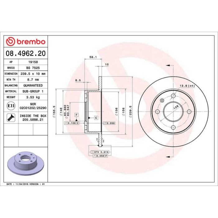 Brembo 08.4962.20 Bremsscheibe PRIME LINE Brembo 08.4962.20 Bremsscheibe PRIME LINE