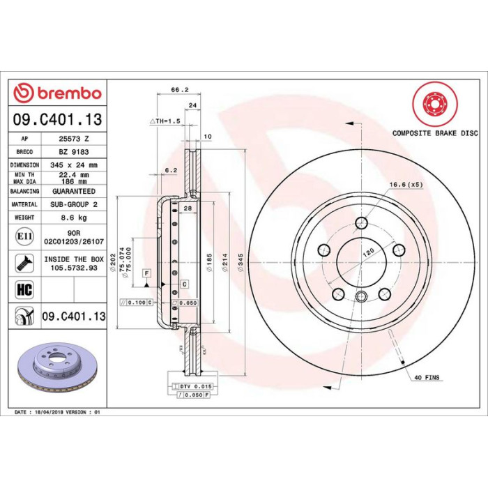 Brembo 09.C401.13 Bremsscheibe PRIME LINE - Composite Brembo 09.C401.13 Bremsscheibe PRIME LINE - Composite