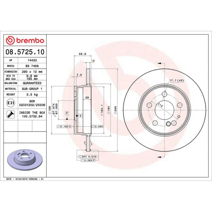 Brembo 08.5725.10 Bremsscheibe PRIME LINE Brembo 08.5725.10 Bremsscheibe PRIME LINE