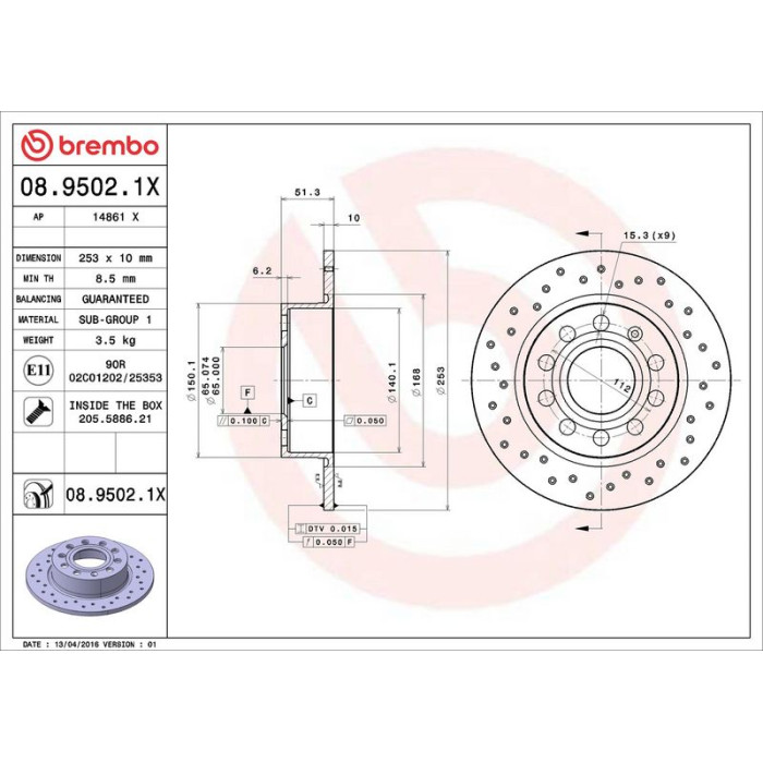 Brembo 08.9502.1X Bremsscheibe XTRA LINE Brembo 08.9502.1X Bremsscheibe XTRA LINE